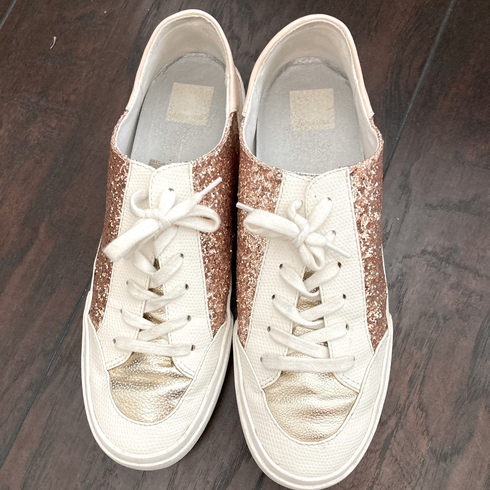 Zina Sneaker. Size 9. Cream with Light gold toe rose gold sparkle on the sides.